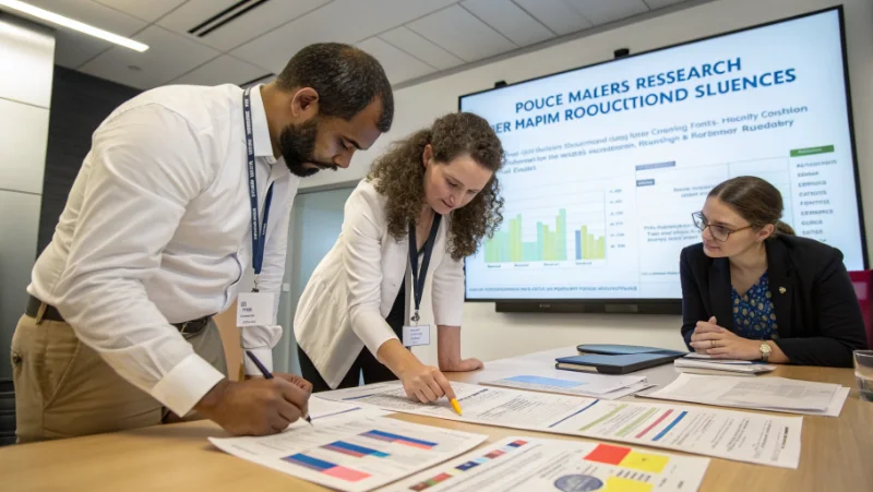 Policy makers and research scientists collaborating on gambling harm reduction strategies with statistical charts and regulatory documents