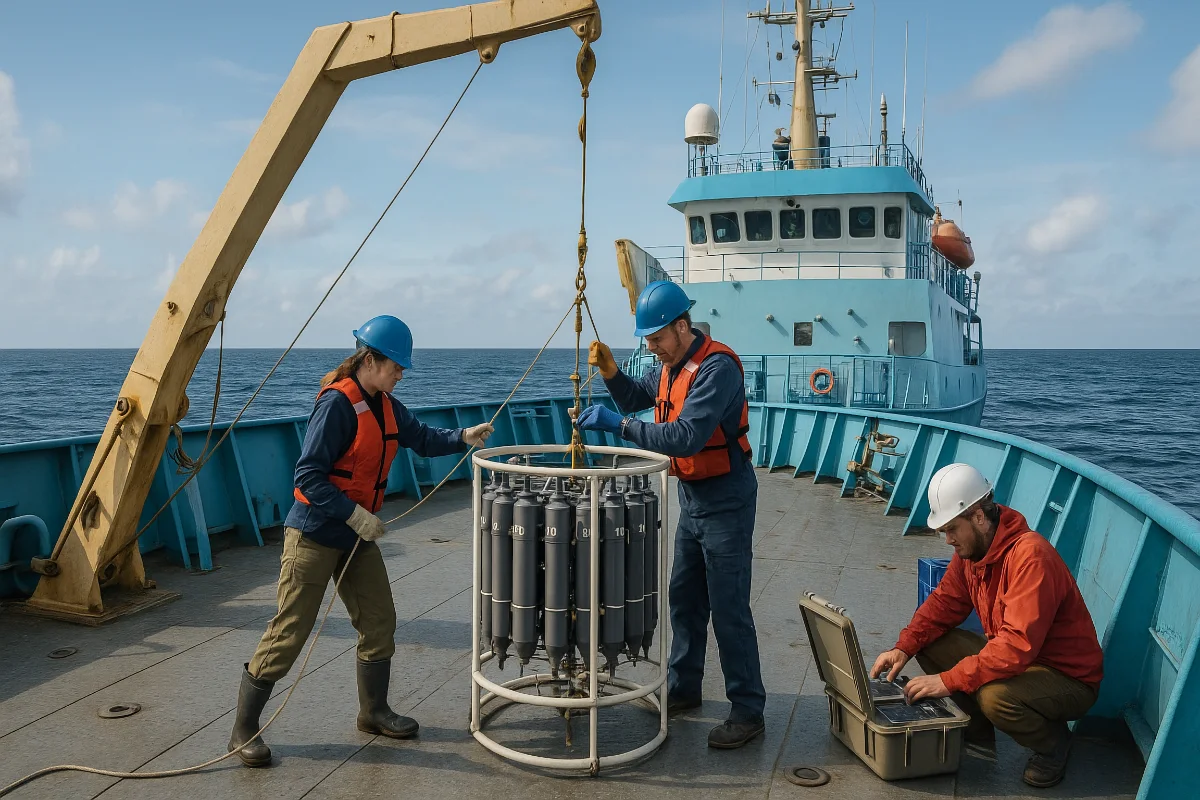 Marine research vessel collecting water samples for nutrient analysis with scientists operating oceanographic equipment on deck