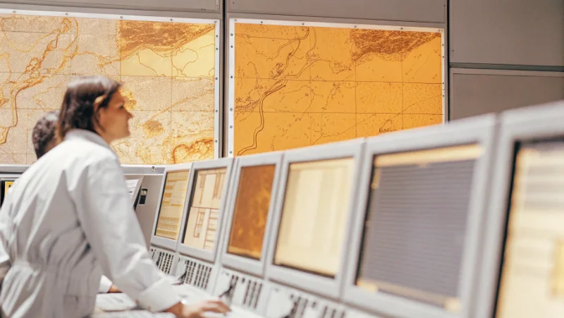 Oceanographer examining satellite imagery and oceanographic data on computer screens in research laboratory