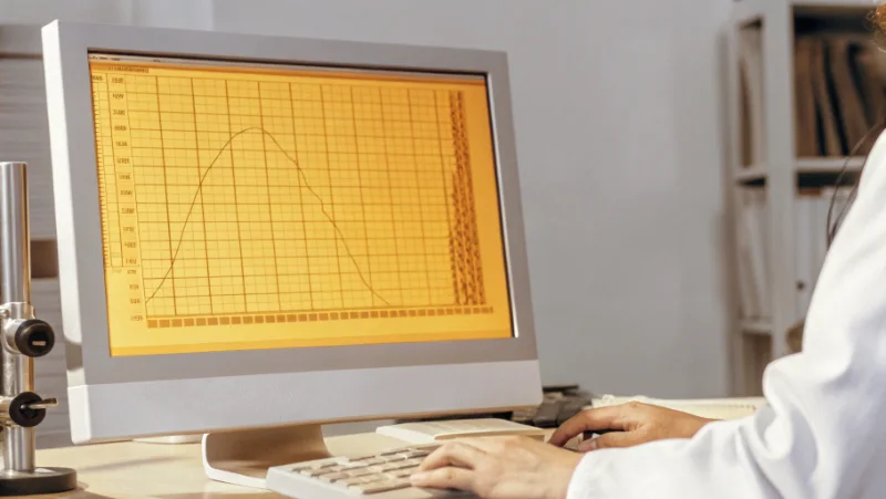 Research scientist analyzing statistical charts and probability distributions on computer screen